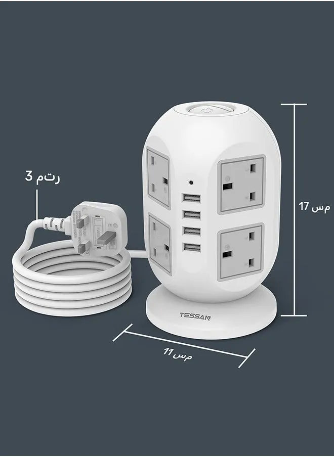 كابل تمديد برجي 3 م، مقبس متعدد محمي من 8 اتجاهات مع 4 منافذ USB، سلك تمديد مزدوج، مقبس عمودي لقطاع الطاقة للمكتب المنزلي، رمادي-2