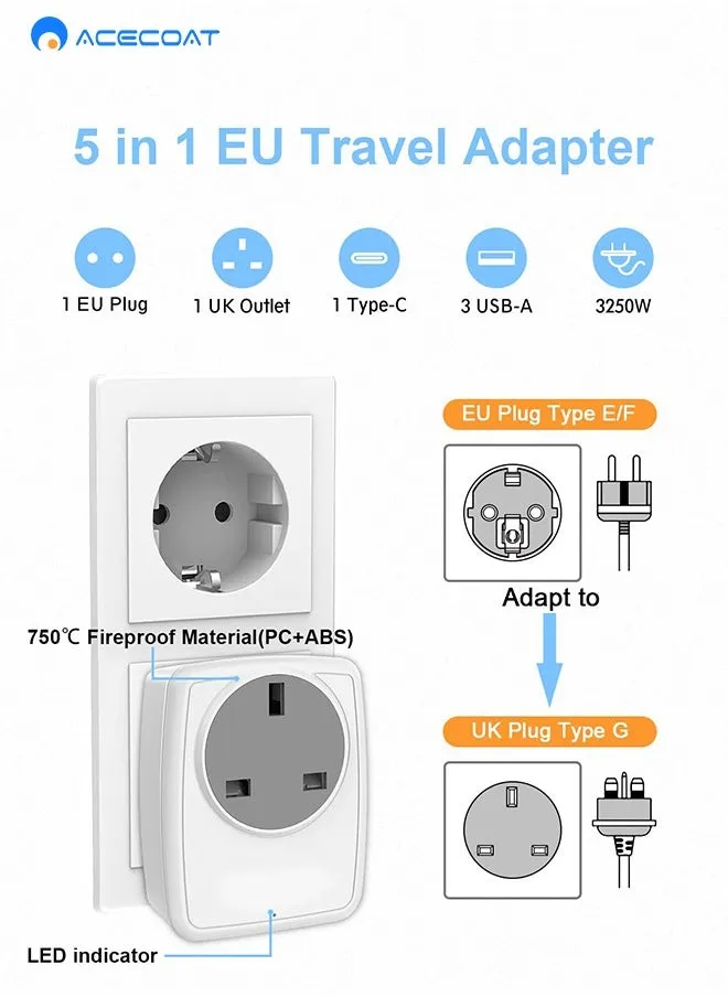 محول مقبس uk الى eu، محول سفر ارضي اوروبي ب3 منافذ USB ومنفذ Type C، مناسب لالمانيا واسبانيا وفرنسا والبرتغال واليونان وروسيا وهولندا وتركيا واكثر (Type E/F)-2