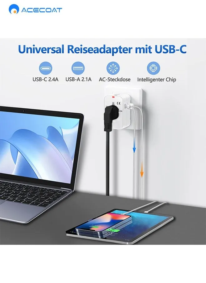 محول سفر دولي، محول سفر عالمي مع 1 USB-A + 1 نوع C، محول طاقة الكل في واحد للجوال واللاب توب، محول قابس عالمي للولايات المتحدة الامريكية والمملكة المتحدة والاتحاد الاوروبي واستراليا، أبيض-2