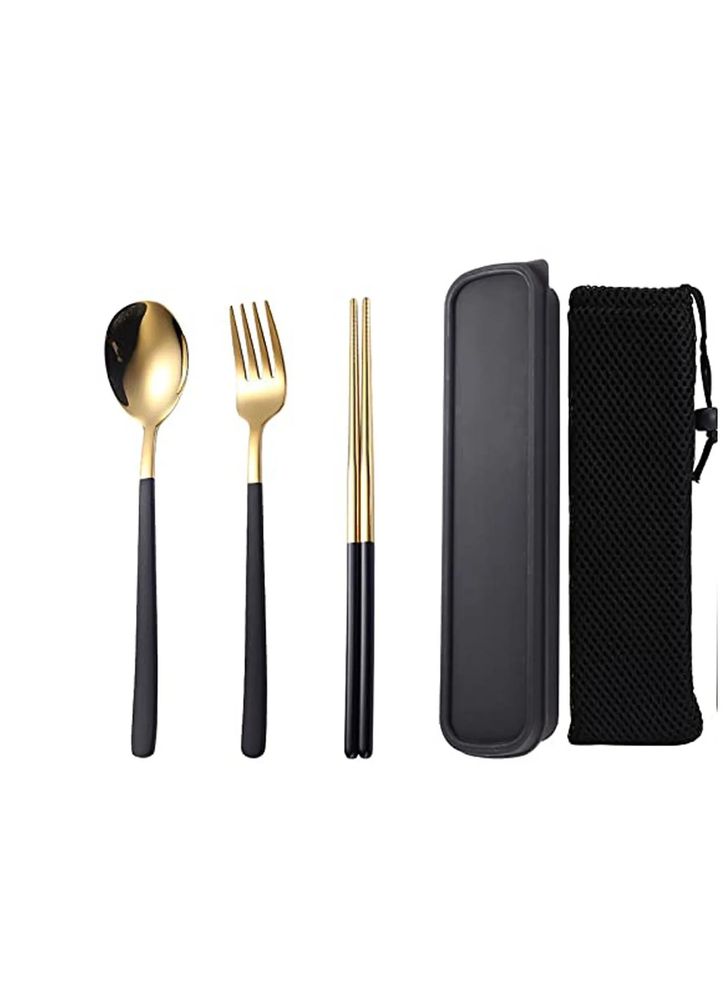 Travel Cutlery Set, Stainless Steel Set Portable Camp Reusable Flatware ware,Include Fork Spoon Chopsticks with Case for Hiking Traveling Camping or School Lunch Gold-1