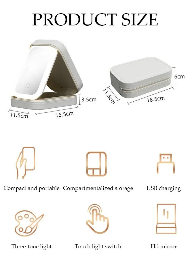 مرآة مستحضرات تجميل بإضاءة LED، مرآة مكياج للسفر مع صندوق تخزين مقاوم للغبار، حقيبة مستحضرات تجميل من الجلد الصناعي بإضاءة ثلاثية الألوان مع مرآة لغرفة المعيشة وغرفة النوم والسفر (أبيض)-2