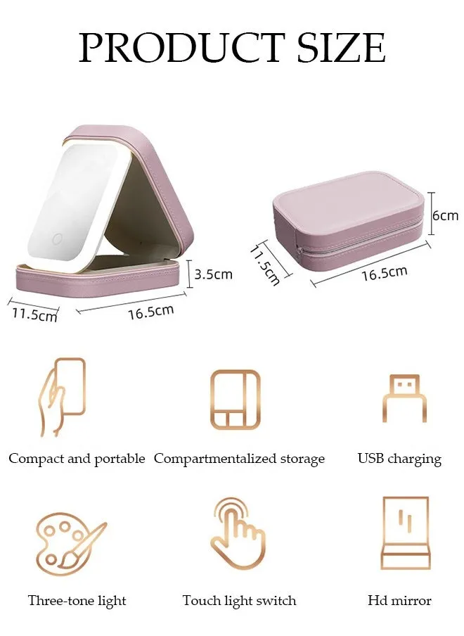 حقيبة مكياج للسفر مع مرآة LED، حقيبة مكياج تجميلية بمرآة LED قابلة لإعادة الشحن عبر USB، حقيبة مكياج للسفر مع مرآة LED، صندوق مكياج محمول مع مرآة وضوء (وردي)-2