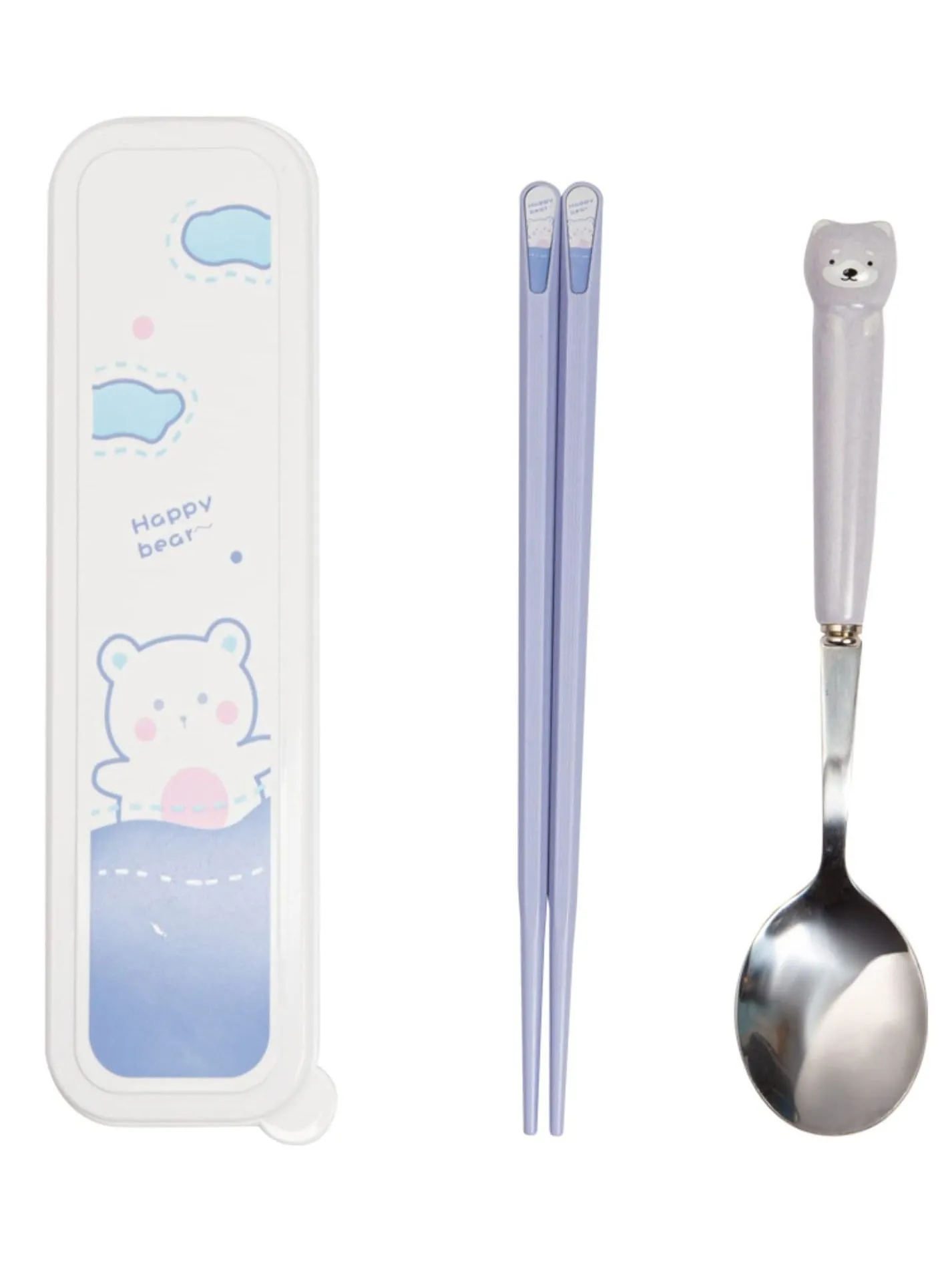 Travel Utensils, Cutlery Set Portable Travel Camp School Reusable Flatware Dishwasher Safe, Include Stainless Steel Spoon & Fiberglass with Case,Gift Set, Cute Blue Bear-1