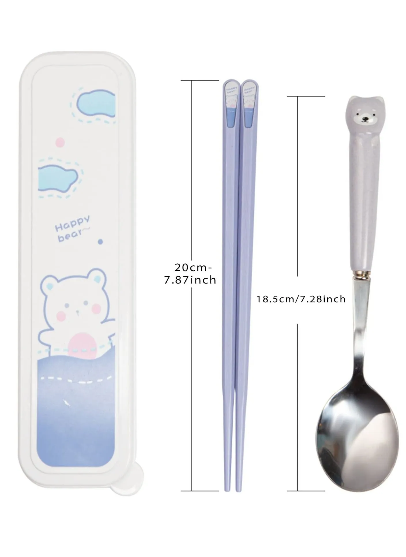 Travel Utensils, Cutlery Set Portable Travel Camp School Reusable Flatware Dishwasher Safe, Include Stainless Steel Spoon & Fiberglass with Case,Gift Set, Cute Blue Bear-2