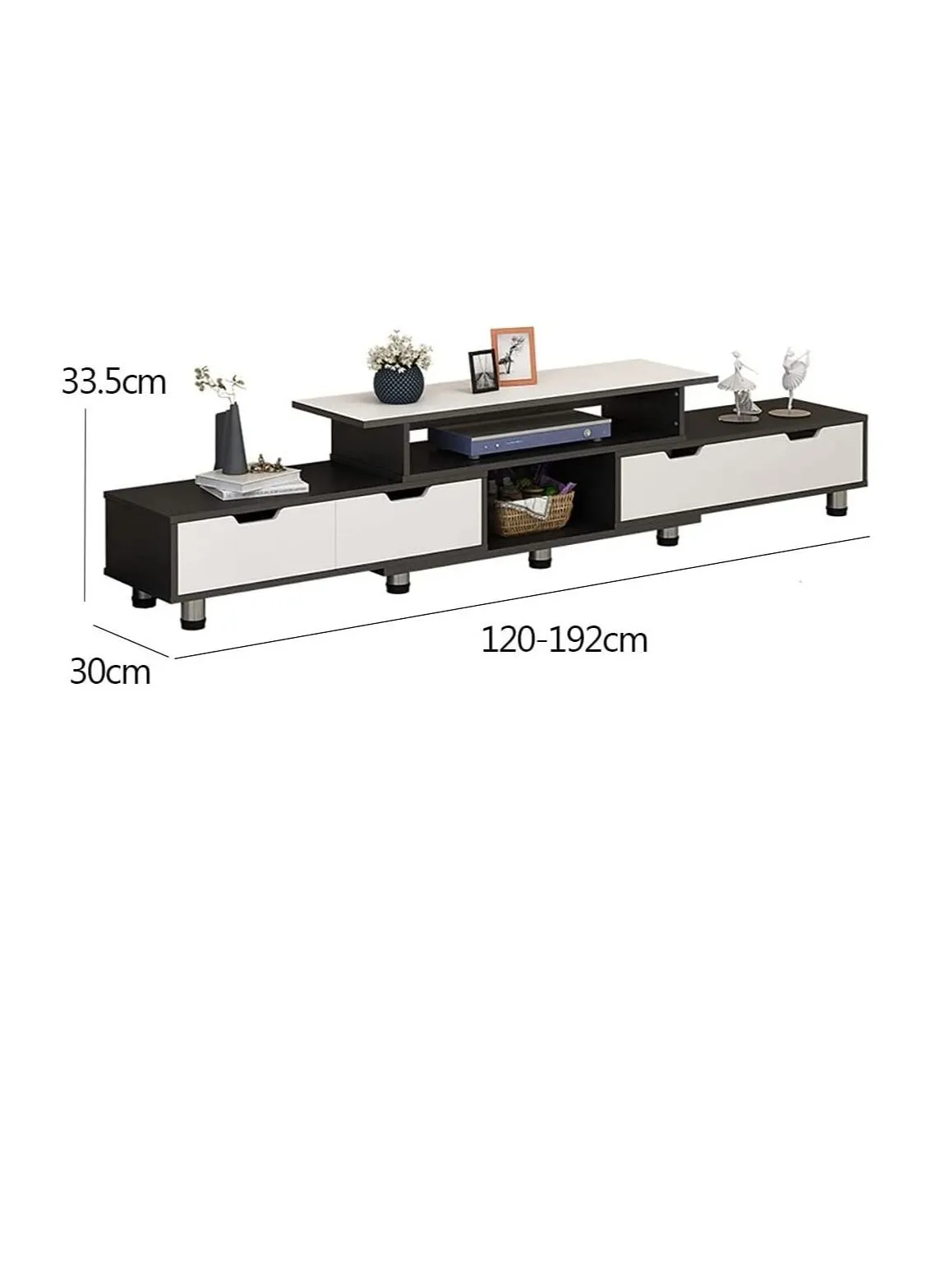 طاولة تلفزيون قابلة للتمديد، خزانة حامل للتلفزيون، حامل تخزين الوسائط الحديثة، طاولة وحدة التحكم مع 4 أدراج بطول 120-192 سم (أسود وأبيض)-2