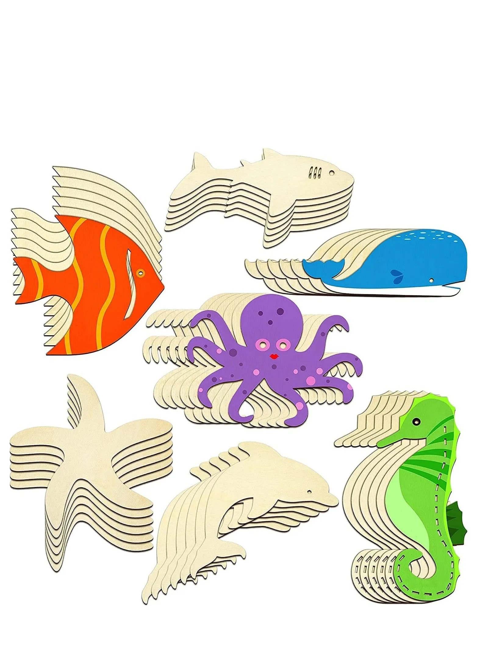 Unfinished Wooden Paint Crafts Wood Cutouts Ocean Animals for Kids Home Decor Ornament DIY Craft Art Project, Octopus, Shark, Whale, Dolphin, Seahorse, Fish, Starfish Shape 28 Pieces-1