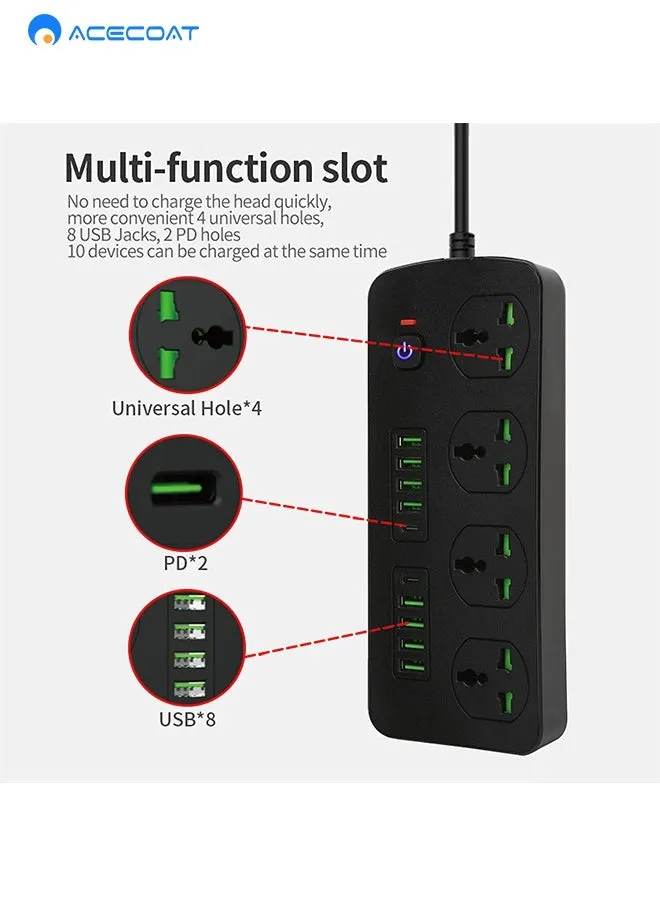 صلة تمديد للحماية من اندفاع التيار مع (8 فتحات USB، وصلة قابس 4 اتجاهات و2 USB نوع C، شريط طاقة USB متعدد، 1050J، 3000 واط/4.2 امبير، سلك تمديد USB بطول 2 متر للمنزل والمكتب-2