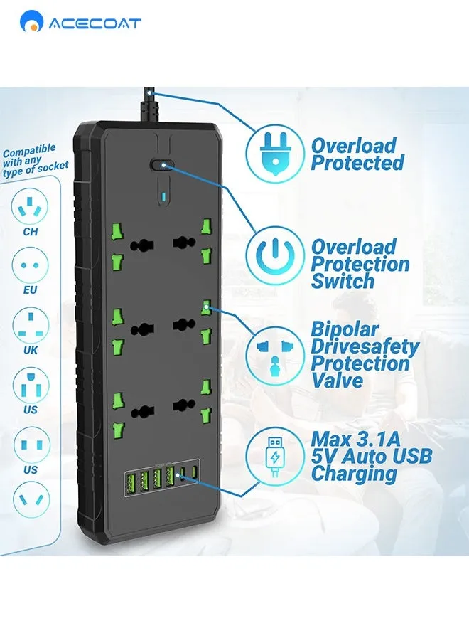 منافذ تمديد طاقة عالمية، محول قابس حائط الكل في واحد مع 6 منافذ USB (3.1A) و6 مقابس كهربائية ذكية، سلك كيبل قابس UK للحماية من اندفاع التيار للمنزل والمكتب (2 متر/6.5 قدم)-2