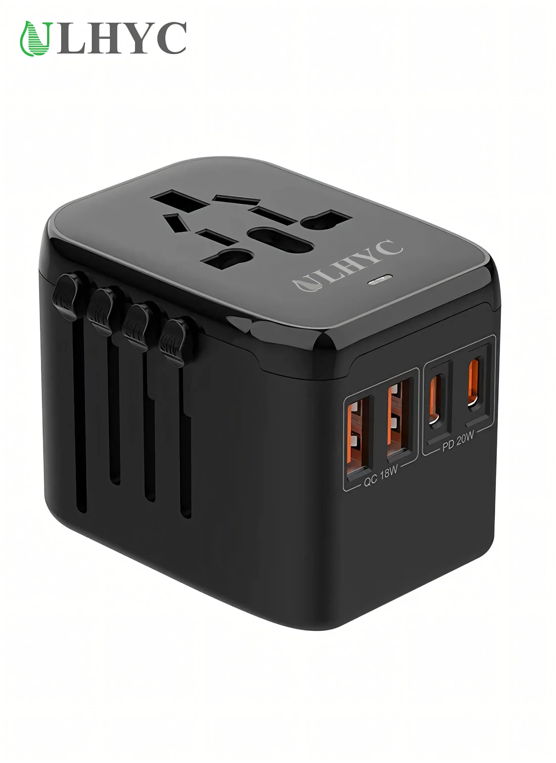 Universal International Power Travel Plug Adapter 5 in 1 European Travel Plug Adapter QC18W 2xUSB-A and PD20W 2x Type-CWall Charger and Worldwide AC Outlet for Europe USA UK AUS Asia Black-1