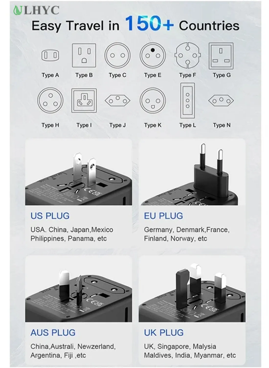 Universal International Power Travel Plug Adapter 5 in 1 European Travel Plug Adapter QC18W 2xUSB-A and PD20W 2x Type-CWall Charger and Worldwide AC Outlet for Europe USA UK AUS Asia Black-2