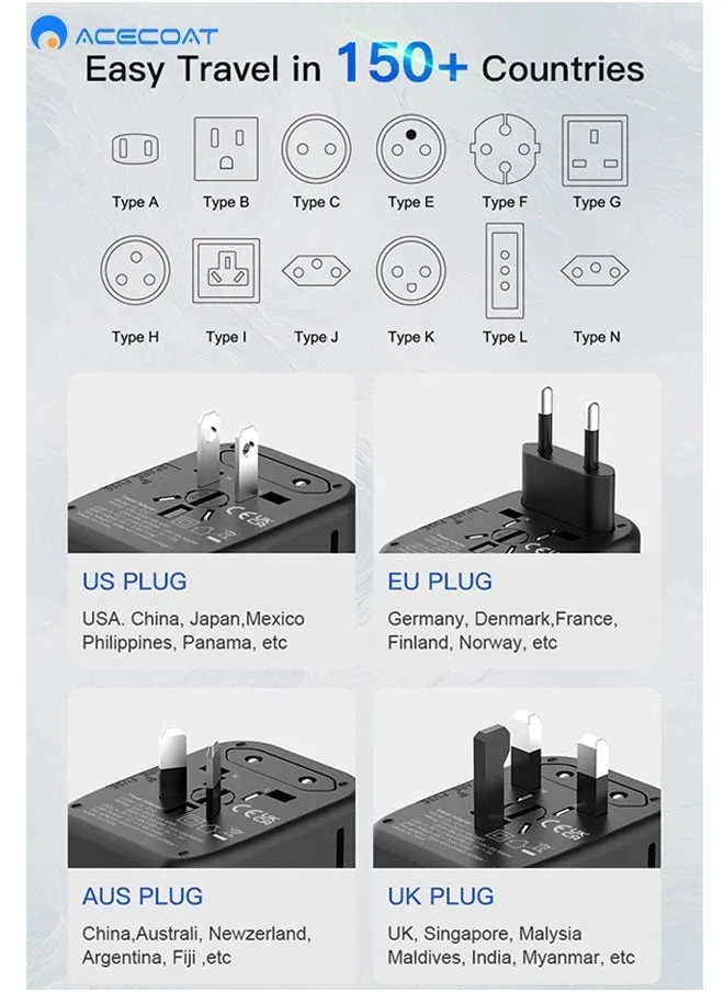 محول طاقة سفر عالمي دولي، محول قابس سفر أوروبي 5 في 1 مع شاحن حائط USB-A مزدوج بسعة 3.5 أمبير وشاحن جداري USB-C مزدوج بمخرج عالمي لأوروبا والولايات المتحدة والمملكة المتحدة وأستراليا وآسيا-2