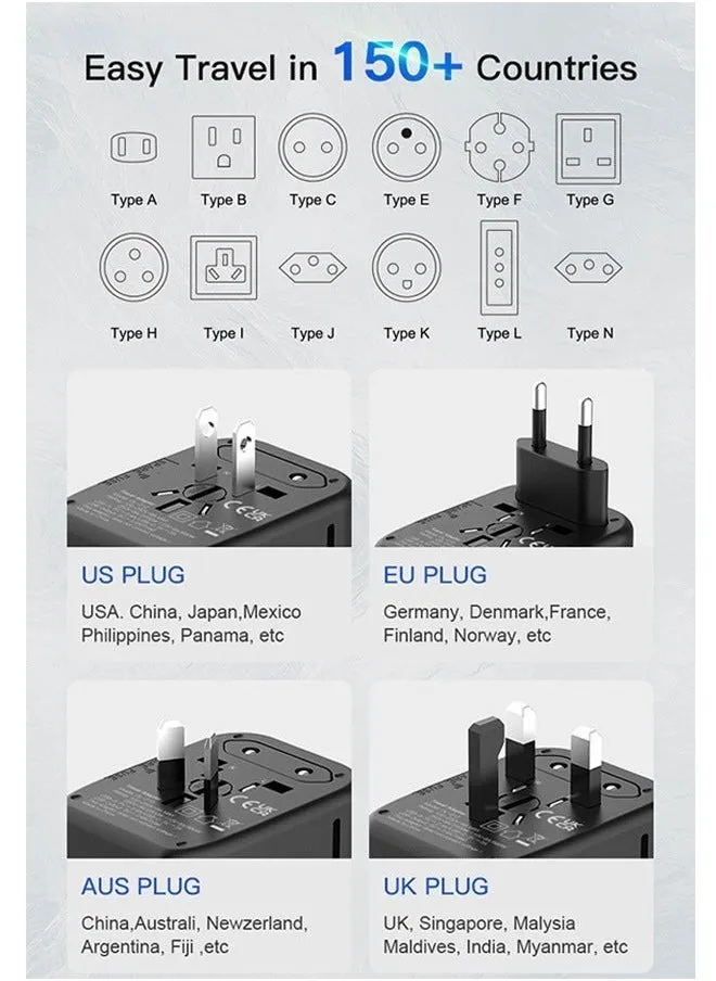 محول توصيل الطاقة الدولي العالمي ، 5 في 1 مع شاحن حائط 3.5 أمبير 2xUSB-A و 2xUSB C - أسود-2