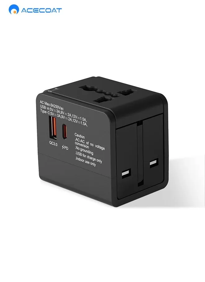 محول طاقة عالمي، محول قابس دولي مع منفذي USB PD 18 وات شحن سريع (1 USB 1 Type-C) شاحن حائطي عالمي متعدد الاستخدامات، محول قابس تيار متردد، للو USA EU UK AUS-1