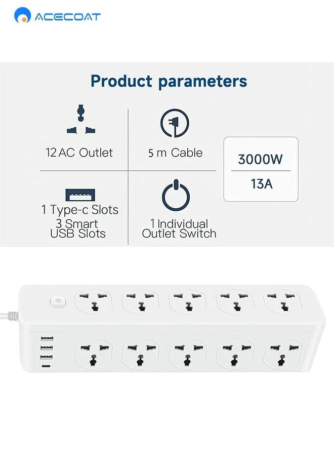 شرائط طاقة عالمية من 10 منافذ، كيبل طاقة بطول 2 متر، 1 منفذ USB-C و3 منافذ شحن سريع متعددة الوظائف، 3000 واط-2