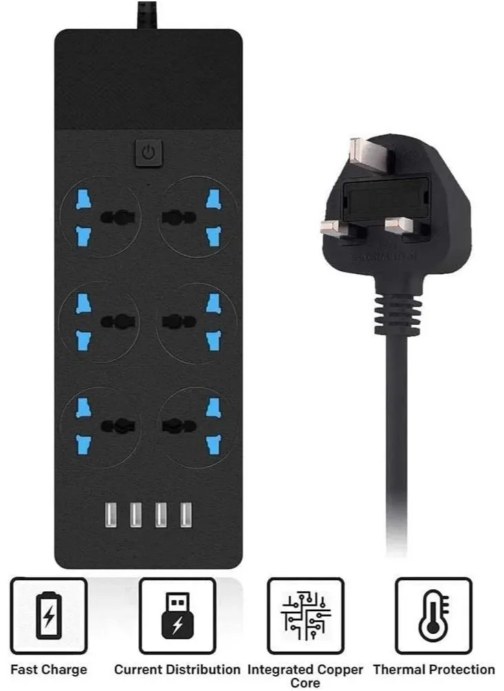 منافذ توصيل تمديد شرائح الطاقة العالمية، محول قابس حائط الكل في واحد مع 4 محاور USB (3.1 أمبير) و6 مقابس كهربائية ذكية، سلك كابل توصيل المملكة المتحدة للحماية من زيادة التيار للمكتب المنزلي (5M/16.5FT)-2