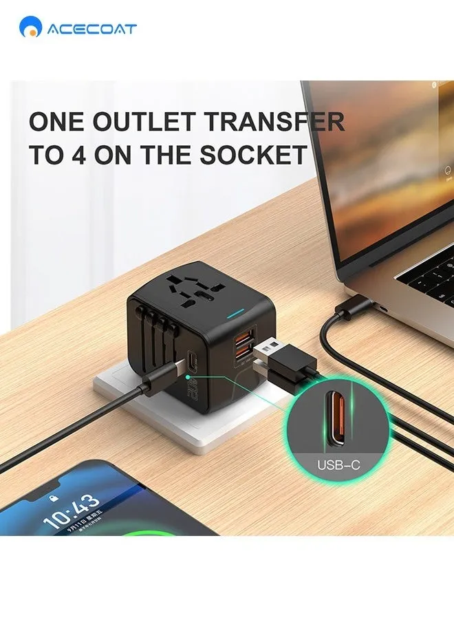 محول سفر عالمي، محول قابس دولي مع ٢ منافذ USB-A و ١ منفذ USB-C، محول طاقة للسفر على مستوى العالم، شاحن جداري متكامل للولايات المتحدة والاتحاد الأوروبي والمملكة المتحدة وأستراليا، أسود-2