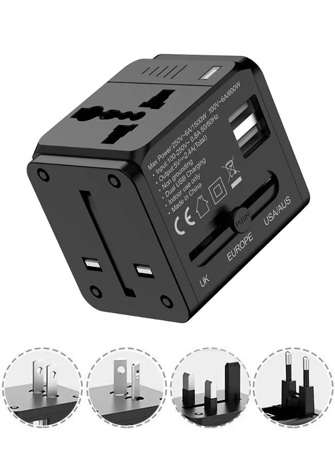 مقبس شاحن محول السفر العالمي مع 2.4 أمبير USB-A مزدوج، شاحن حائط محول طاقة دولي متعدد الوظائف بقدرة 1500 واط مع بوابة أمان للأطفال - أسود-1