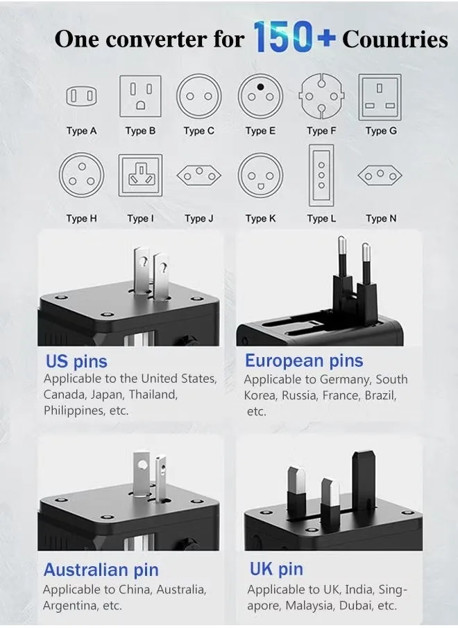 مقبس شاحن محول السفر العالمي مع 2.4 أمبير USB-A مزدوج، شاحن حائط محول طاقة دولي متعدد الوظائف بقدرة 1500 واط مع بوابة أمان للأطفال - أسود-2