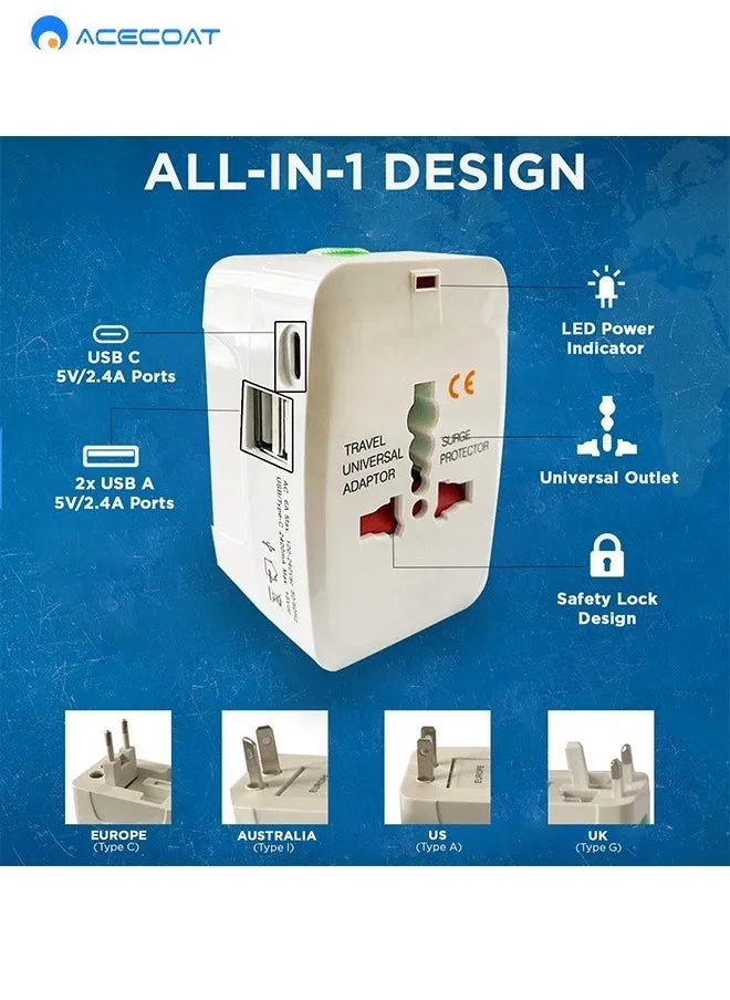 محول سفر دولي، محول سفر عالمي مع 2 USB-A + 1 نوع C، محول طاقة الكل في واحد للجوال واللاب توب، محول قابس عالمي للولايات المتحدة الامريكية والمملكة المتحدة والاتحاد الاوروبي واستراليا، أبيض-2