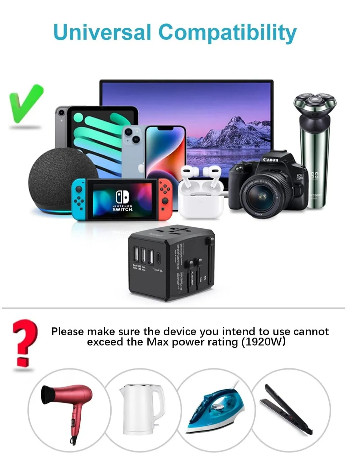 محول السفر العالمي في جميع أنحاء العالم، محول قابس السفر الدولي مع USB C و3 محول سفر USB الكل في واحد محول طاقة شاحن عالمي للاتحاد الأوروبي والولايات المتحدة والمملكة المتحدة وأستراليا-2