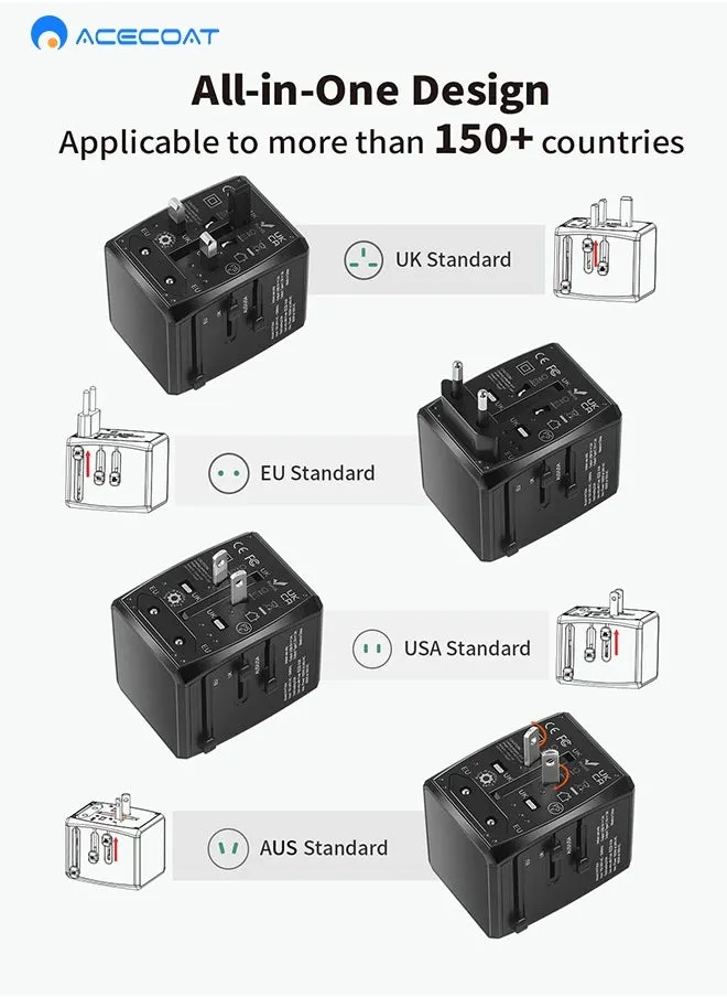محول السفر العالمي في جميع أنحاء العالم، محول قابس السفر محول السفر الدولي في جميع أنحاء العالم مع 2 USB C و2 محول سفر USB الكل في واحد محول طاقة شاحن عالمي لـ EU US UK أستراليا-2