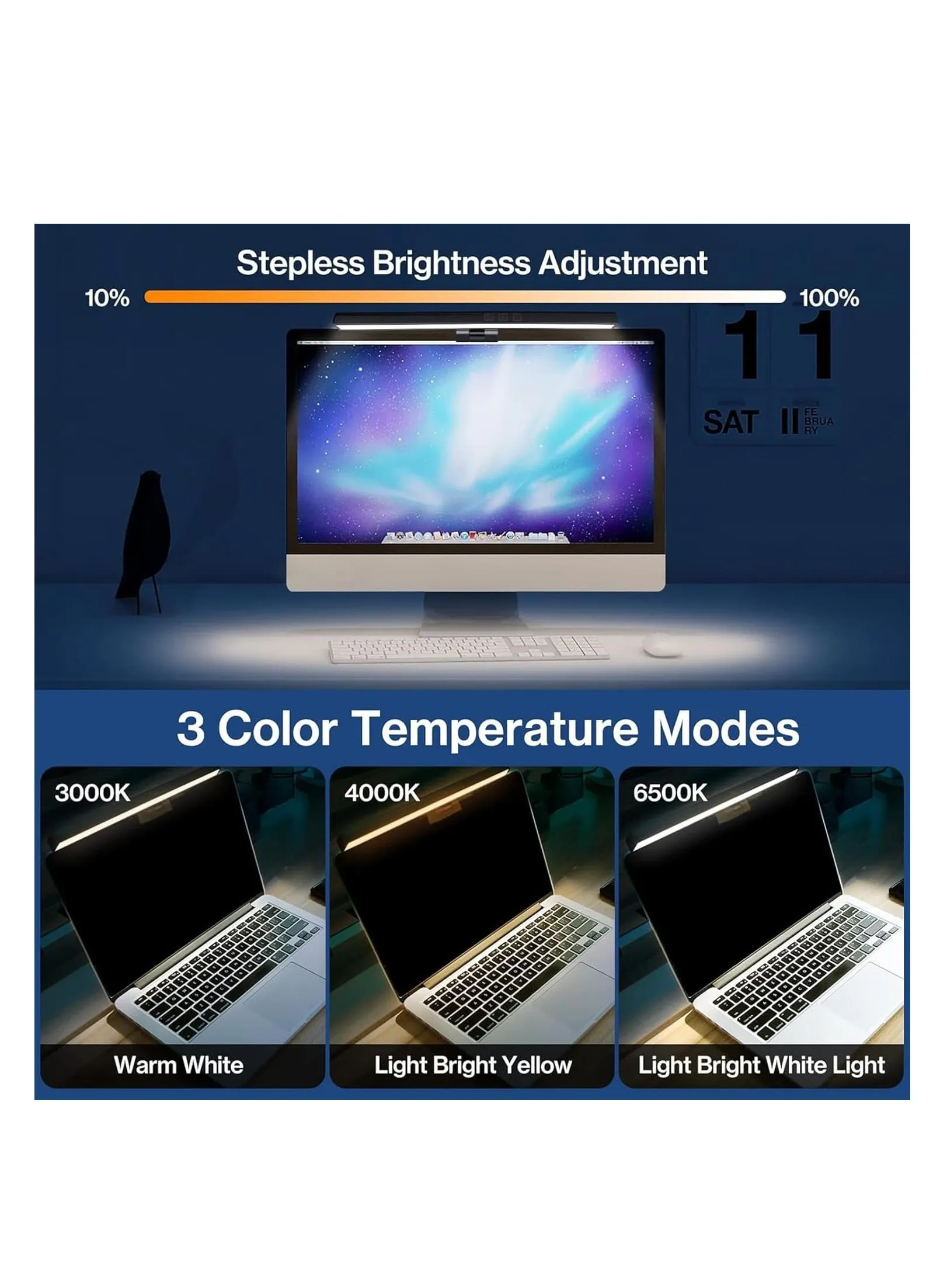 مصباح شاشة كمبيوتر محمول يعمل بمنفذ USB للمكتب/المنزل/الألعاب/المكتب مع سطوع/لون قابل للتعديل 33 سم-2