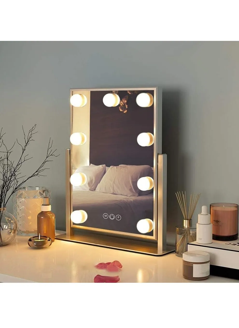 Vanity Mirror With Light White 9 Lighted Makeup Mirror Smart Touch Control 3 Colors Dimable Light Detachable 360°Rotation Touch Control White/Clear/Silver(36.8x31cm)-1