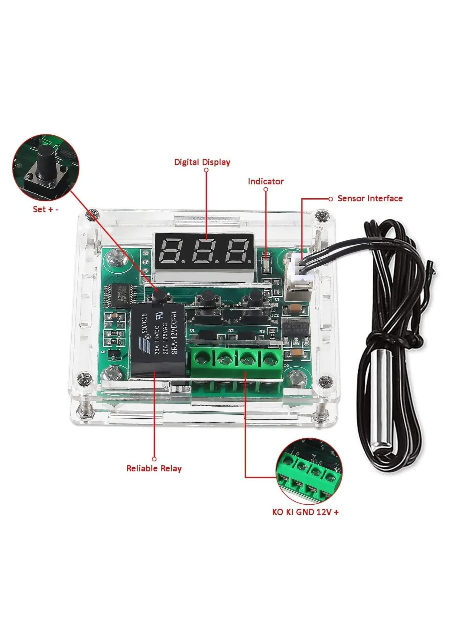 وحدة تحكم رقمية في درجة الحرارة W1209 DC 12V، لوحة حمراء، شاشة رقمية للتحكم في درجة الحرارة -50-110 درجة مئوية، مفتاح وحدة التحكم في درجة الحرارة الإلكترونية مع حافظة مقاومة للماء-2