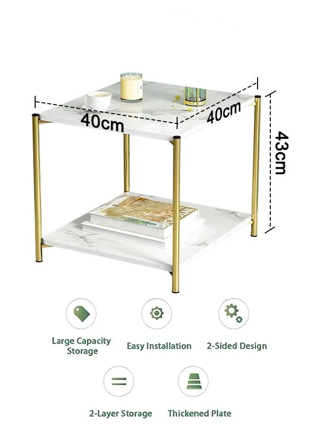 طاولة قهوة صغيرة بيضاء وذهبية متعددة الوظائف بطبقتين طاولة ليلية صغيرة للتخزين سهلة التجميع للشرفة وغرفة المعيشة وغرفة النوم-2