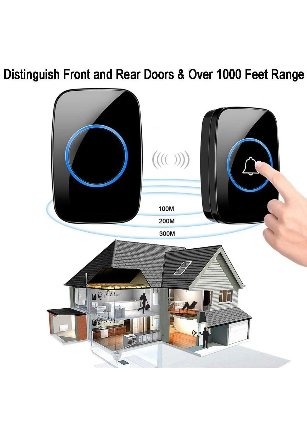 جرس باب لاسلكي ، طقم مقاوم للماء يميز الأبواب الأمامية والخلفية مدى أكثر من 1000 قدم و 60 5 مستويات للصوت وفلاش LED للفصول الدراسية في المكتب المنزلي-1