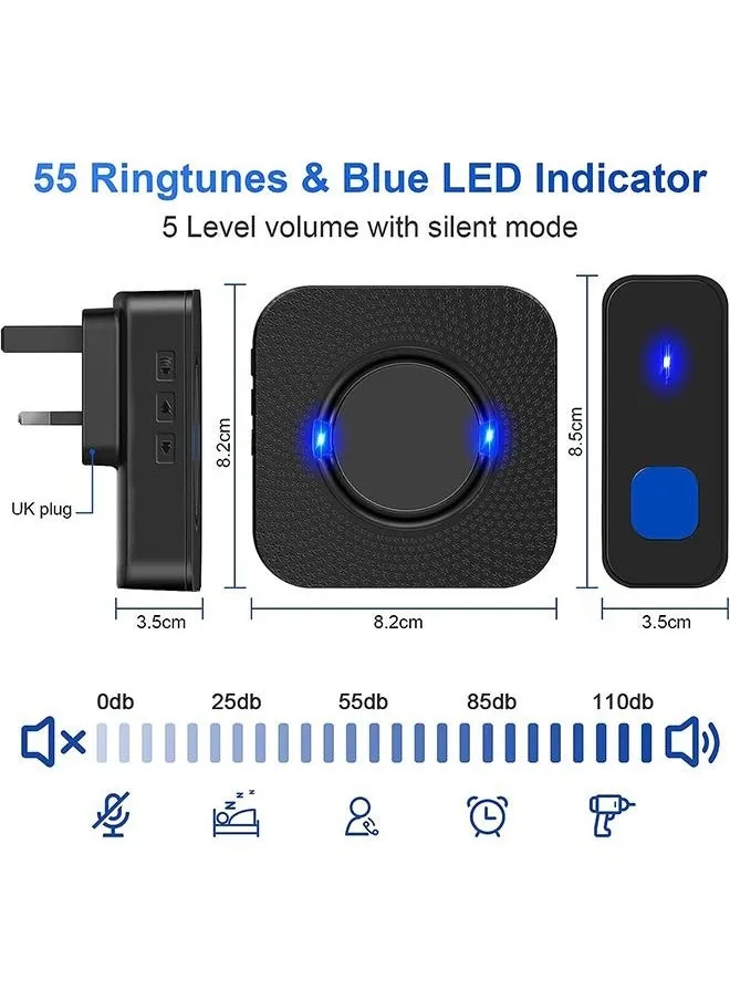 جرس باب لاسلكي، مجموعة جرس الباب اللاسلكي اي اوشن مقاومة للماء مع نغمات رنين، بنطاق ارسال حتى 300 قدم، 55 نغمة رنين، 5 مستويات لقوة الصوت مع ضوء ليد وماض، جرس باب لاسلكي للمنزل-2