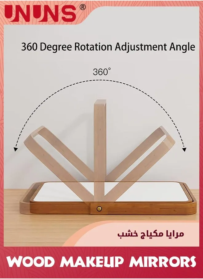 مرآة مكياج خشبية للطاولة، مرآة طاولة مكياج من جانب واحد، مرآة دوارة 360 درجة، مرآة طاولة محمولة، مرايا عالية الوضوح لغرفة النوم وغرفة المعيشة ومكتب المكياج، خشب بورليوود-2