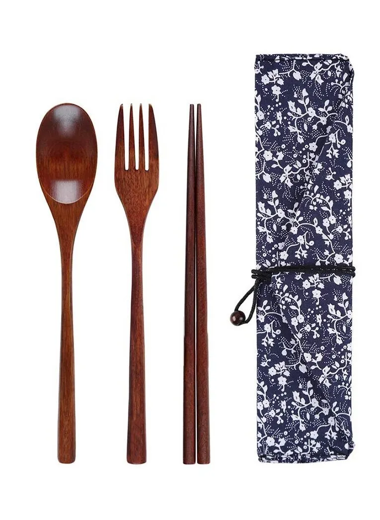 Wooden Fork Spoon Three-piece Suit Japanese Korea Style Travel Portable Tableware Nice Dinnerware Foodie Novelty Business (No Entangled 3 Piece Set + Morning Glory Bag)-1