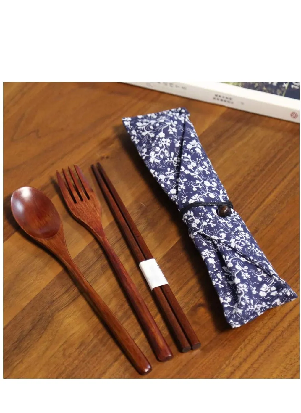 Wooden Fork Spoon Three-piece Suit Japanese Korea Style Travel Portable Tableware Nice Dinnerware Foodie Novelty Business (No Entangled 3 Piece Set + Morning Glory Bag)-2