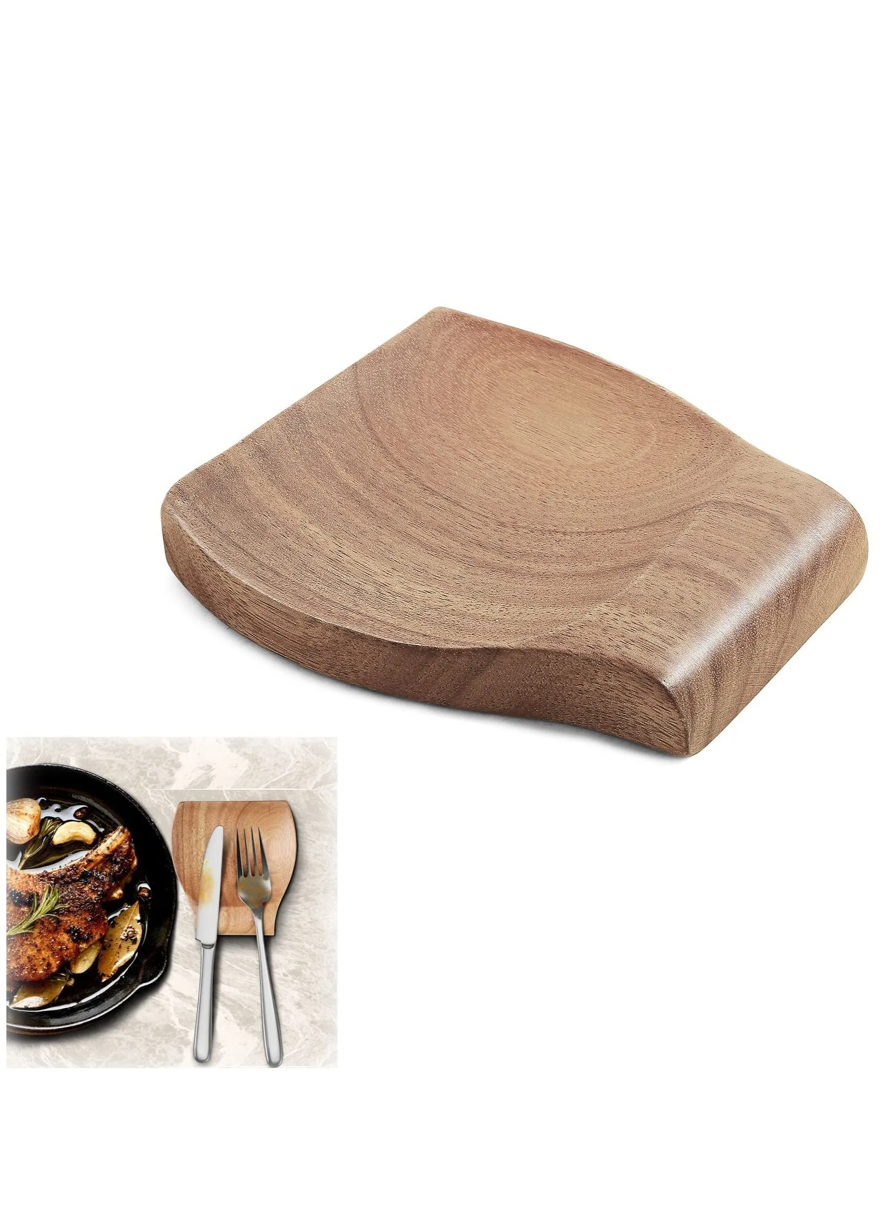 Wooden Spoon Rest For Kitchen Counter, Natural Acacia Wood Holder Stove Top or Counter Top, Perfect for Placing Utensils, Ladle, Spatula, Tongs, Fork & More, 4.7×4.5 Inch-1