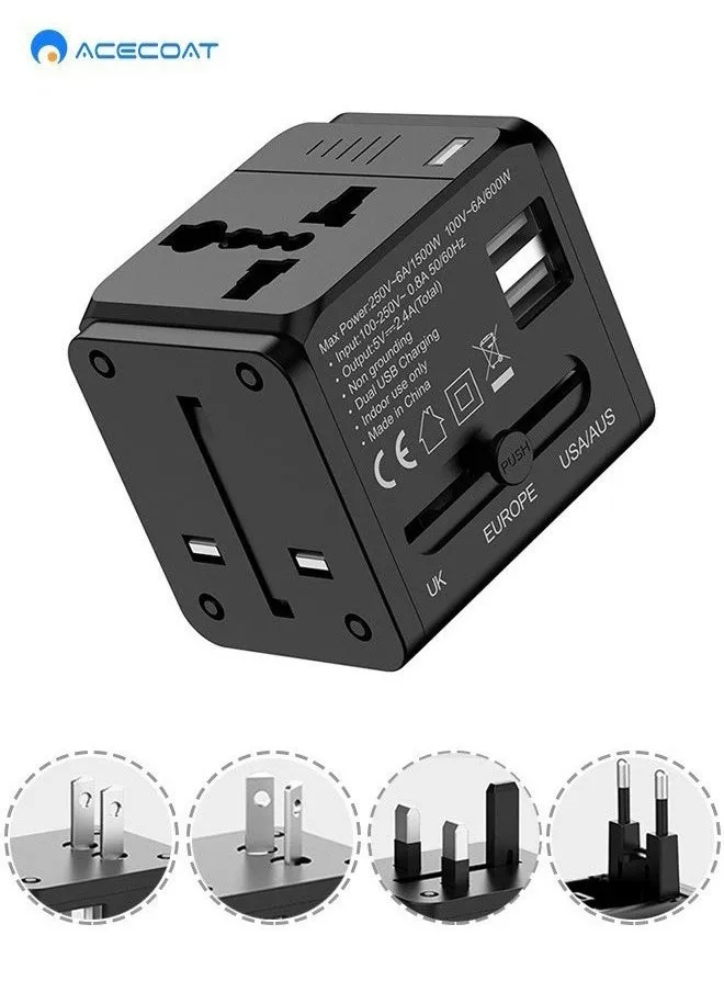 منفذ شاحن محول السفر العالمي مع 2.4 أمبير USB-A مزدوج، شاحن حائط محول الطاقة الدولي متعدد الوظائف بقدرة 1500 واط مع باب أمان للأطفال، مخرج تيار متردد عالمي، أسود-1