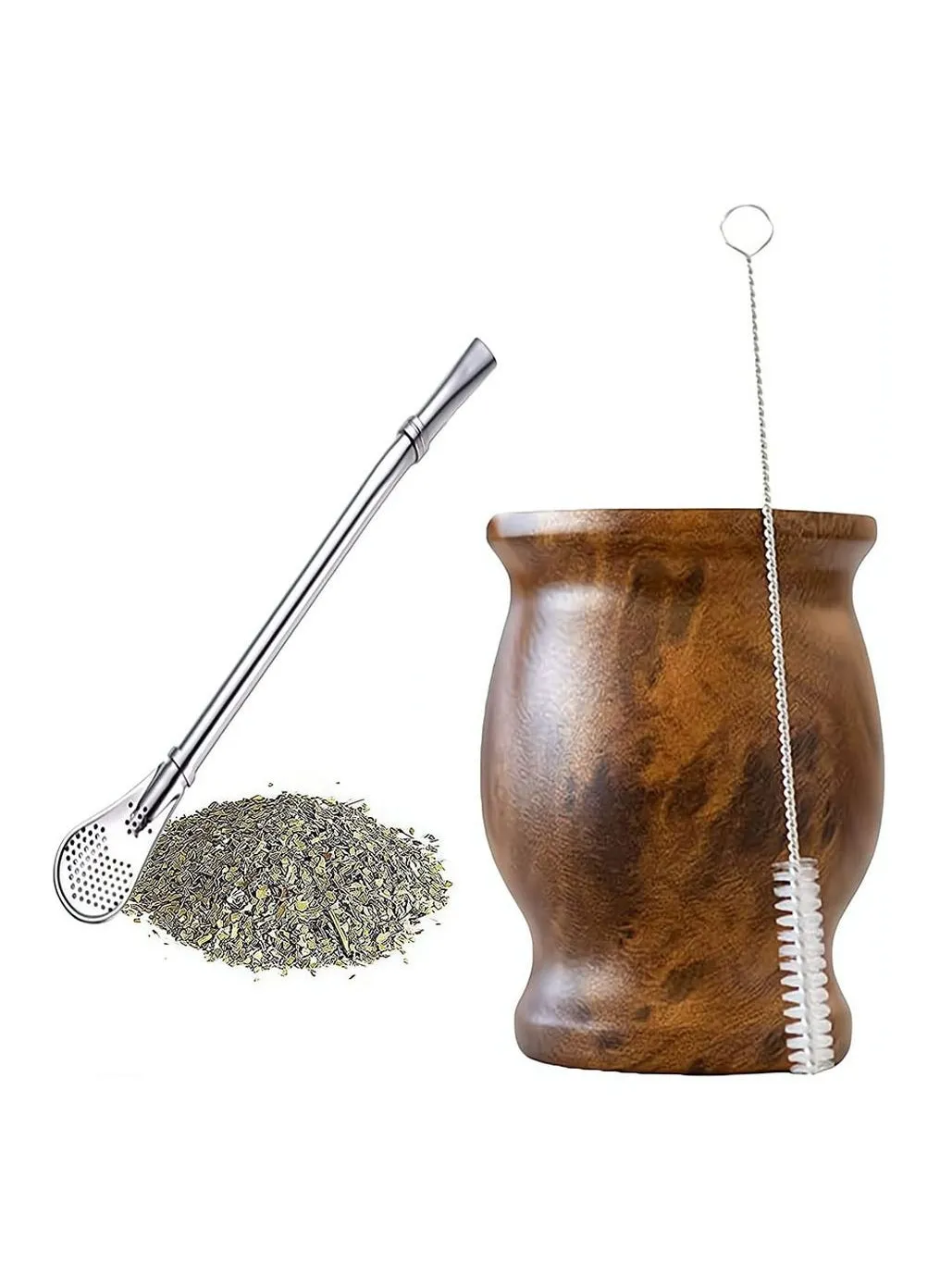 Yerba Mate Tea Cup, كوب عازل من الستانلس ستيل، قرع ماتي لشرب أوراق يربا ماتي السائبة مع قش بومبيلا، بني، 230 مل-1